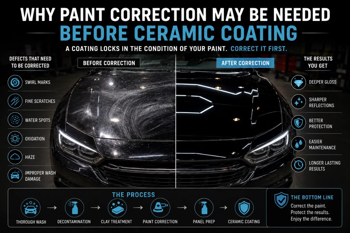 Before-and-after infographic showing paint correction removing swirl marks, fine scratches, water spots, oxidation, and haze before ceramic coating.