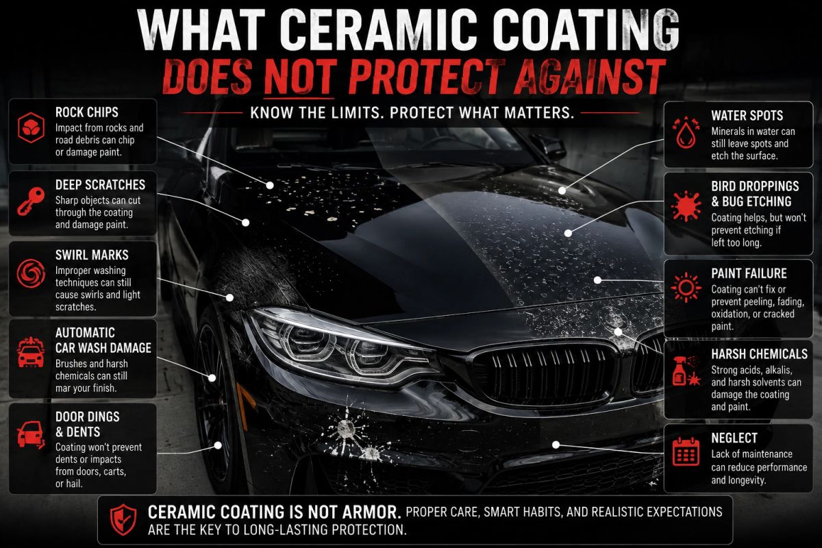 Infographic showing what ceramic coating does not protect against, including rock chips, scratches, swirl marks, automatic car wash damage, dents, water spots, paint failure, harsh chemicals, and neglect.