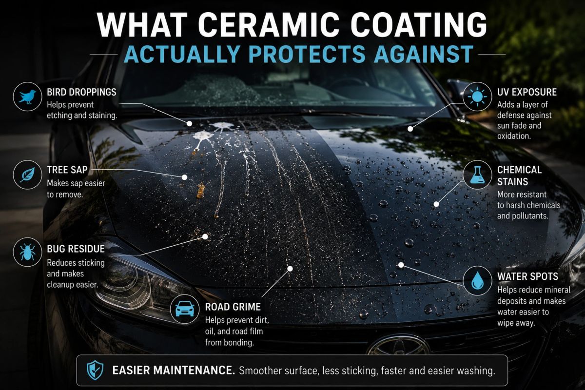 Infographic showing a ceramic-coated black vehicle protected against bird droppings, tree sap, bug residue, road grime, UV exposure, chemical stains, and water spots.