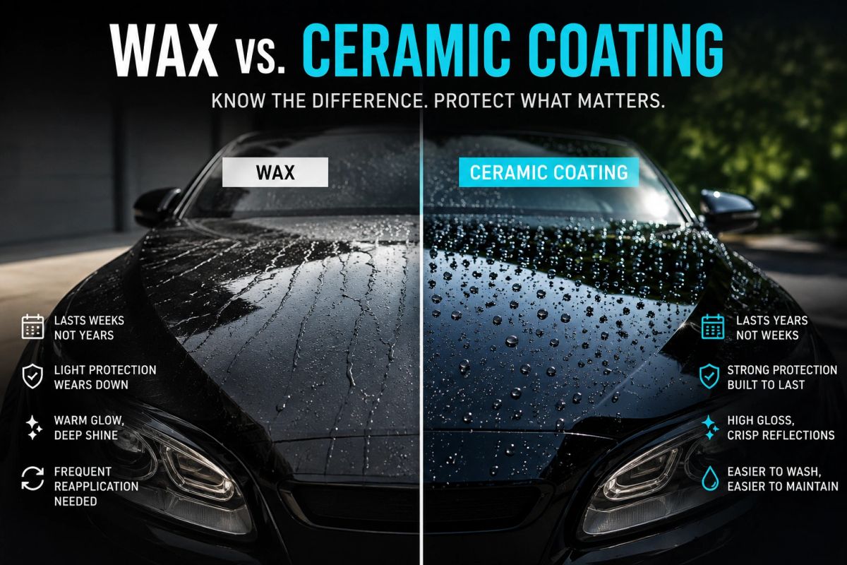 Wax versus ceramic coating comparison on a black vehicle, showing differences in water behavior, durability, gloss, protection, and maintenance.